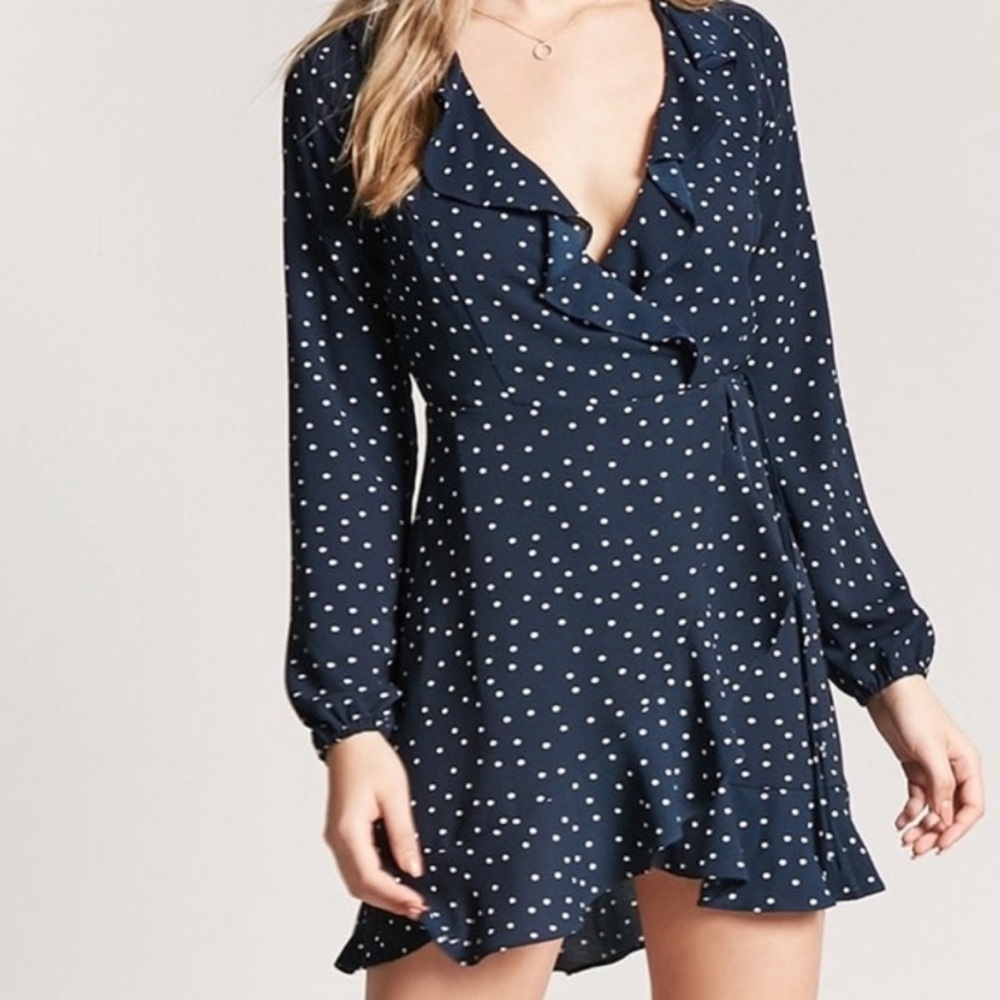 Navy Polka Dot Wrap Ruffle Long Sleeve Dress